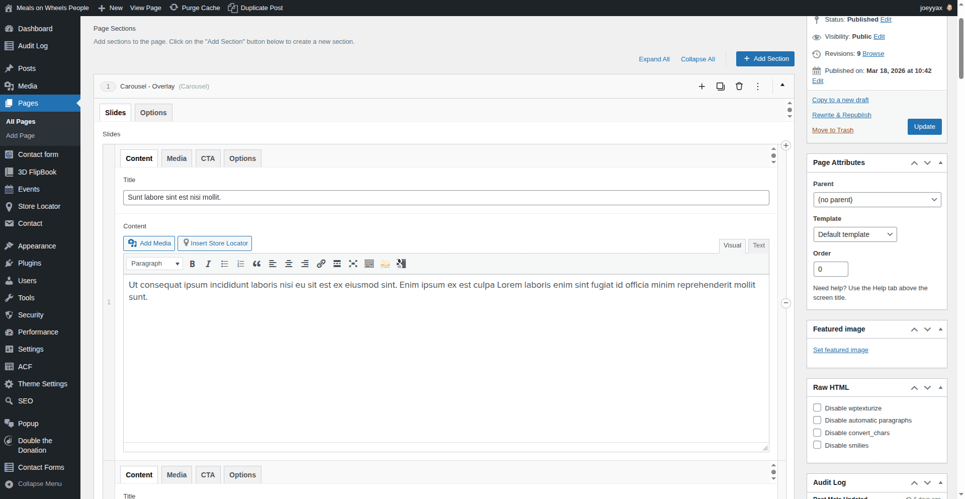 Content tab in the page editor