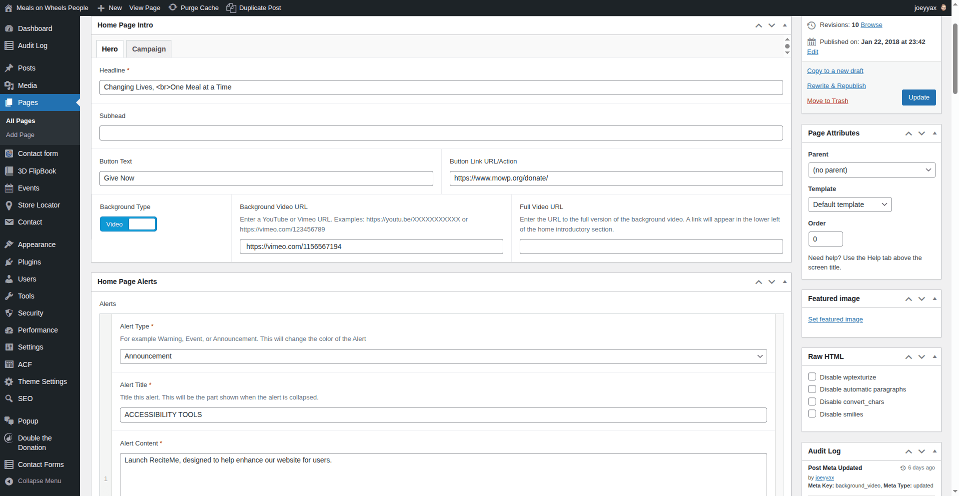 Hero tab in the page editor